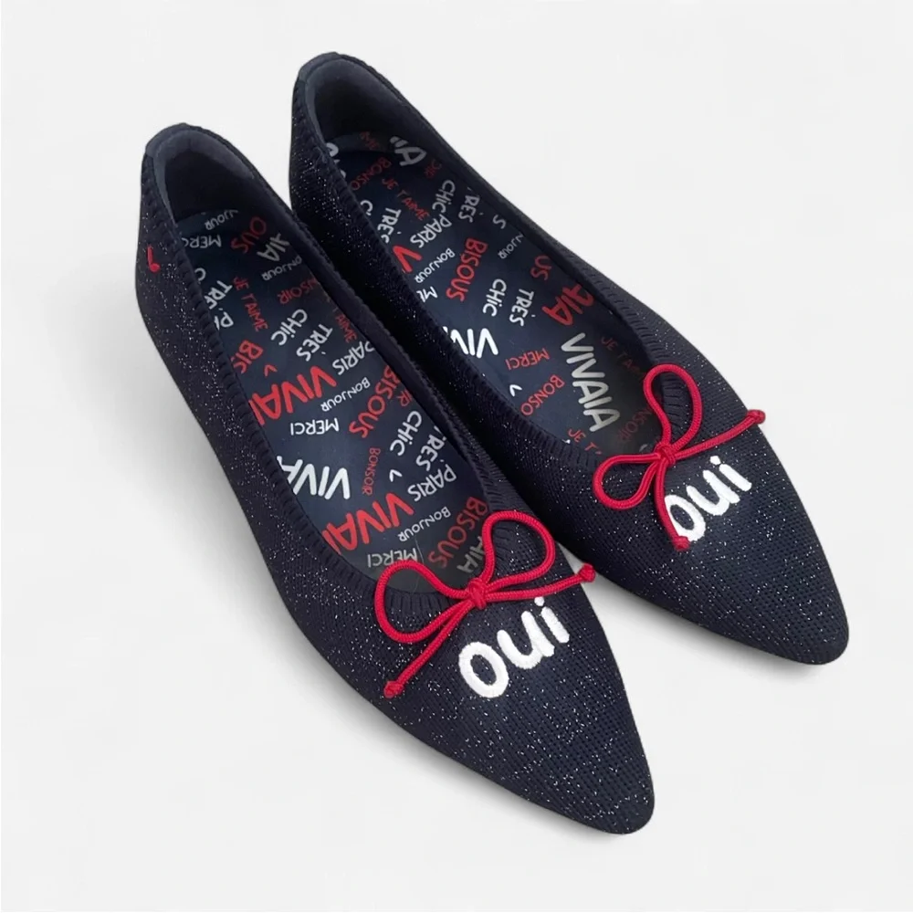 Vivaia Aria 5 French-Themed Oui Bow Special Edition Flats Navy Glitter US 10 - Picture 2 of 4